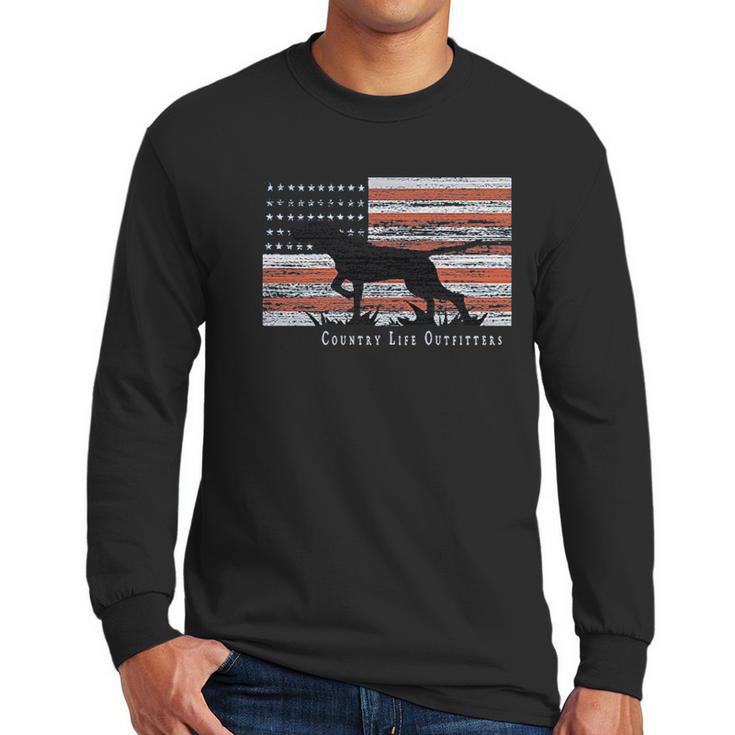 Country Life Outfitters Pointer Dog American Flag Men Long Sleeve Tshirt