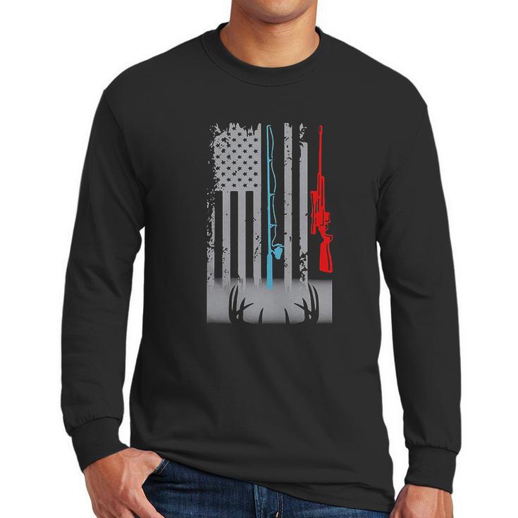 Fishing Rod Hunting Rifle America Flag Shirt Men Long Sleeve Tshirt