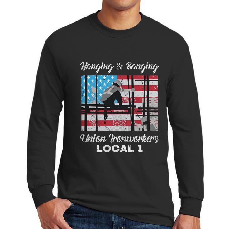 Hanging And Banging Union Ironworkers Us Flag Labor Day Gift Graphic Design Printed Casual Daily Basic Men Long Sleeve Tshirt