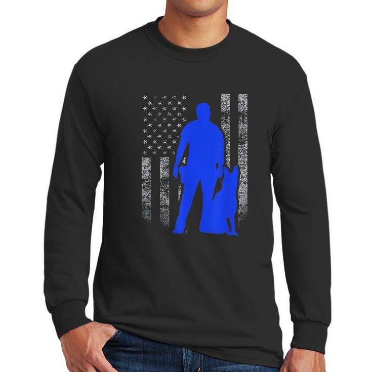 Male K9 Officer Blue Line Flag Men Long Sleeve Tshirt