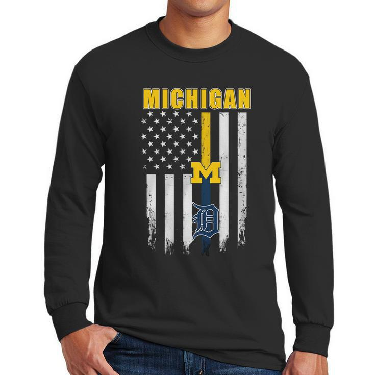 Official Michigan Michigan Wolverines Detroit Tigers American Flag Shirt Men Long Sleeve Tshirt