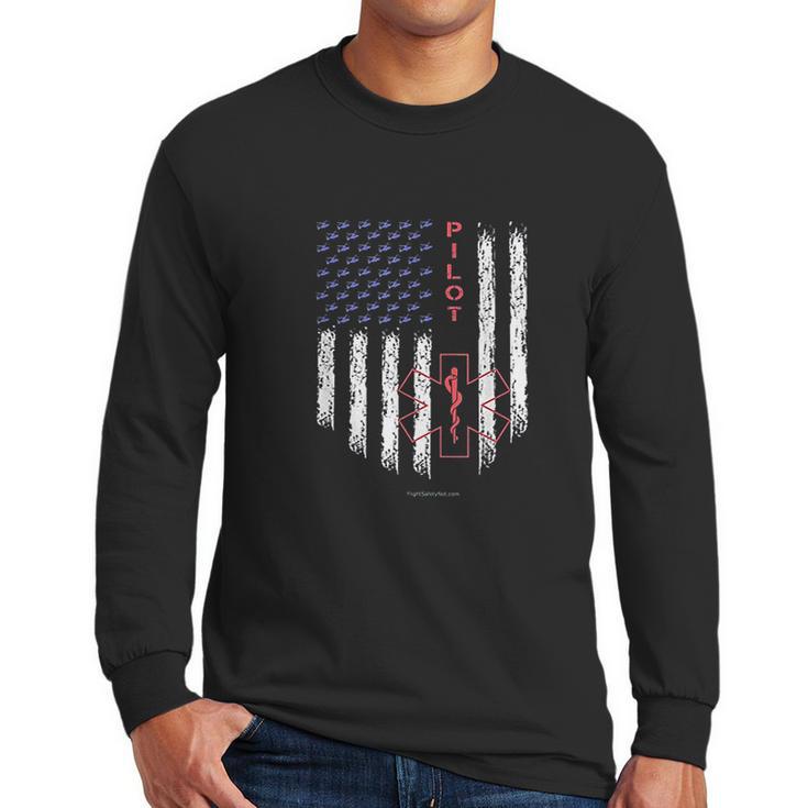 Pilot Ems Helicopter Star Of Life American Flag Men Long Sleeve Tshirt