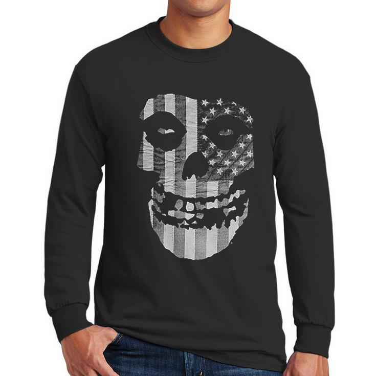 Popfunk Misfits Officially Licensed Gray American Flag Skull Men Long Sleeve Tshirt