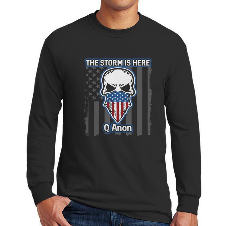 Q Anon Usa Flag Skull The Storm Is Here Men Long Sleeve Tshirt