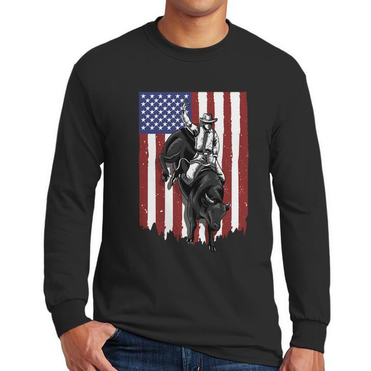 Rodeo Bull Rider Patriotic American Usa Flag For Cowboys Cute Gift Men Long Sleeve Tshirt