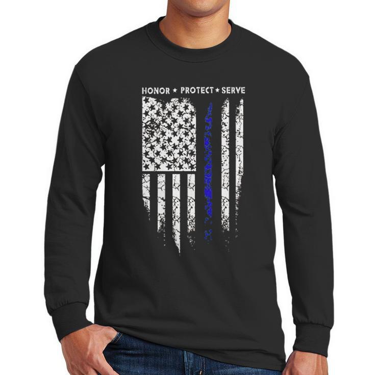 Sr Thin Blue Line Usa Protect Police Flag Army American Men Long Sleeve Tshirt