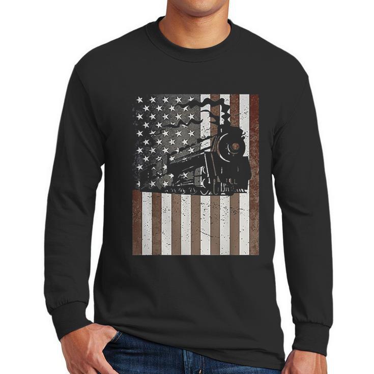 Train Locomotive Engine American Flag Model Builder Vintage Men Long Sleeve Tshirt