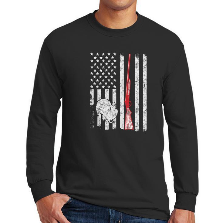 Turkey Hunting American Flag Rifle Weathered Men Long Sleeve Tshirt