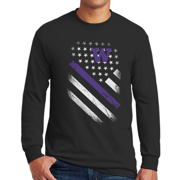 Washington Huskies American Flag Men Long Sleeve Tshirt