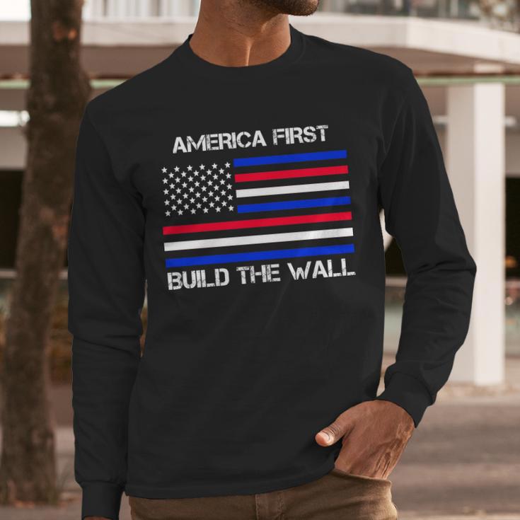 America First Build The Wall Flag Men Long Sleeve Tshirt