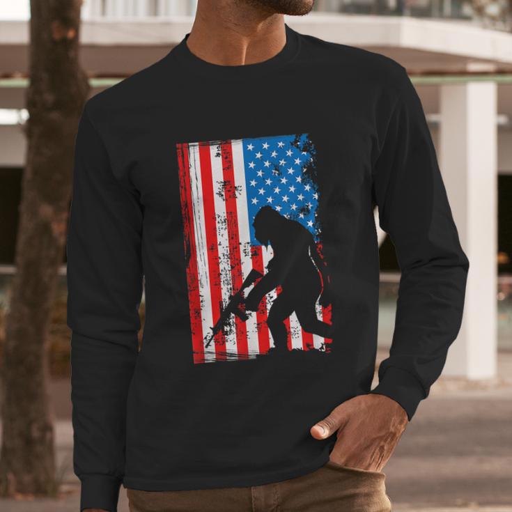 Armed Bigfoot Sasquatch Ar15 Patriotic American Flag Men Long Sleeve Tshirt