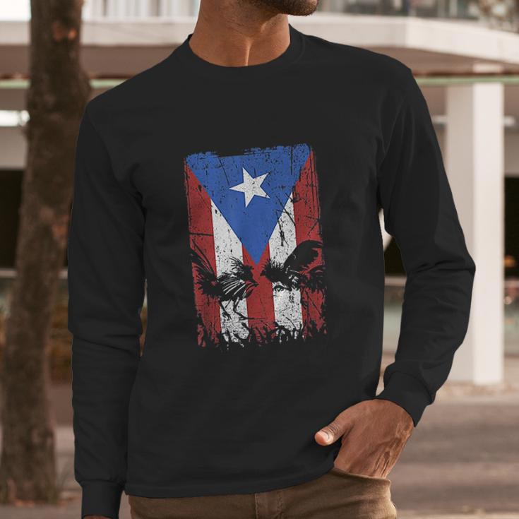 Cock Fight Gallos Gallero Fighting Rooster Puerto Rico Flag Men Long Sleeve Tshirt