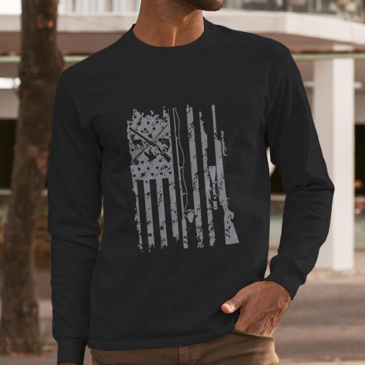 Cool Fishing Rod Hunting Rifle American Flag Gift Men Long Sleeve Tshirt