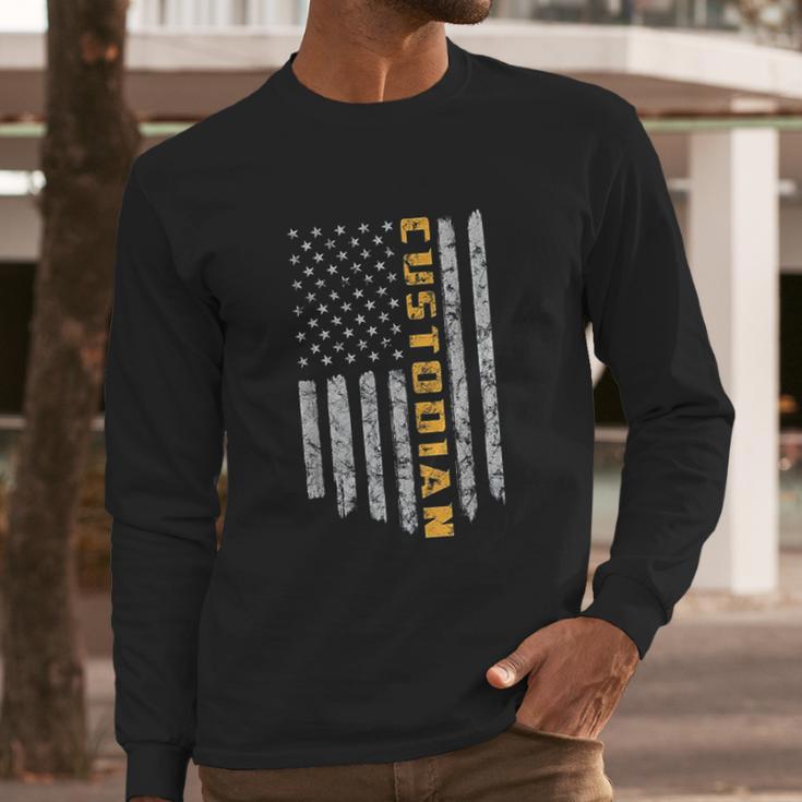 Custodian American Flag Usa Janitor School Men Long Sleeve Tshirt