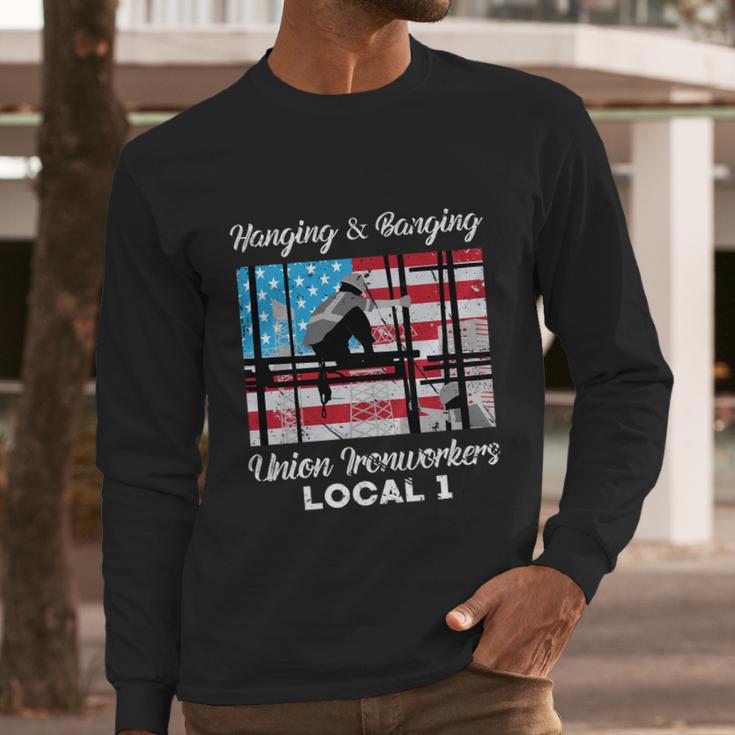 Hanging And Banging Union Ironworkers Us Flag Labor Day Gift Graphic Design Printed Casual Daily Basic Men Long Sleeve Tshirt