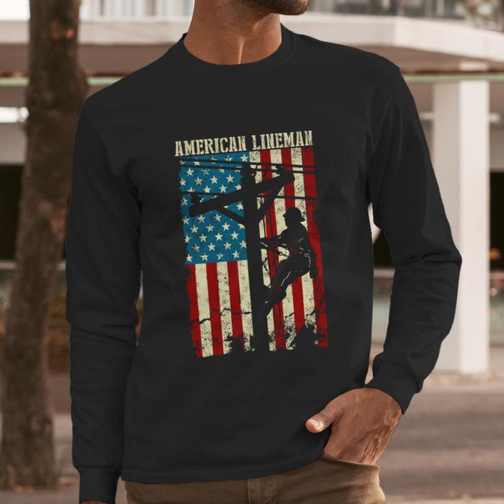 Line American Flag Electric Cable Gift Patriotic Line Gift Men Long Sleeve Tshirt