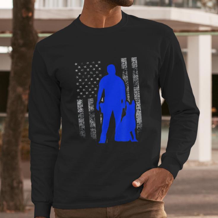 Male K9 Officer Blue Line Flag Men Long Sleeve Tshirt