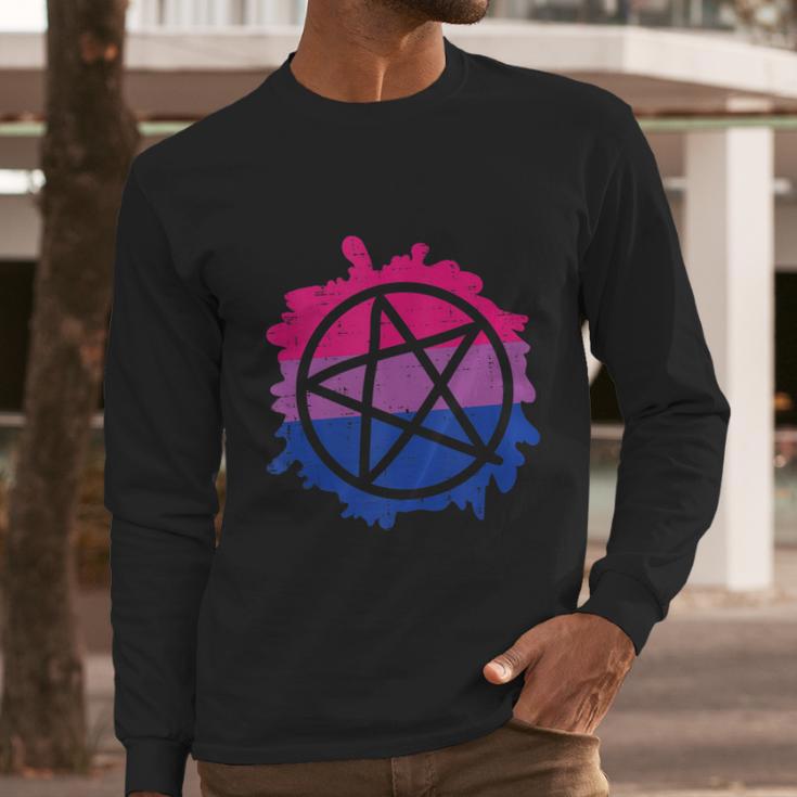 Pentagram Satanic Goth Lgbtq Bisexual Flag Gay Pride Ally Bi Men Long Sleeve Tshirt