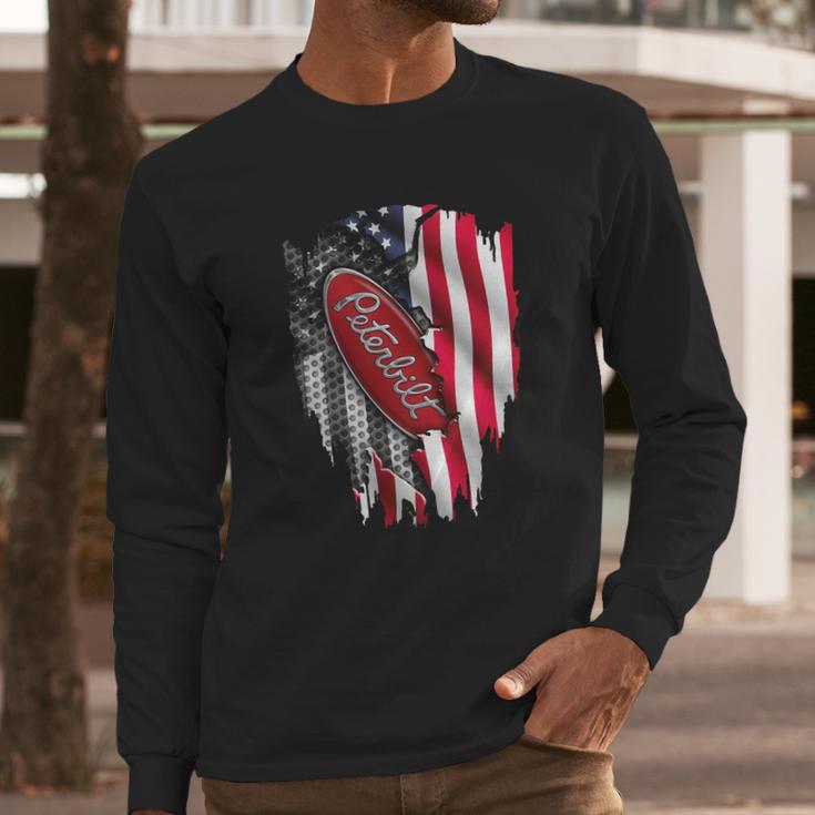 Peterbilt Logo Red Design Usa Flag American Independence Day Truck Fans Patriots Shirts Men Long Sleeve Tshirt