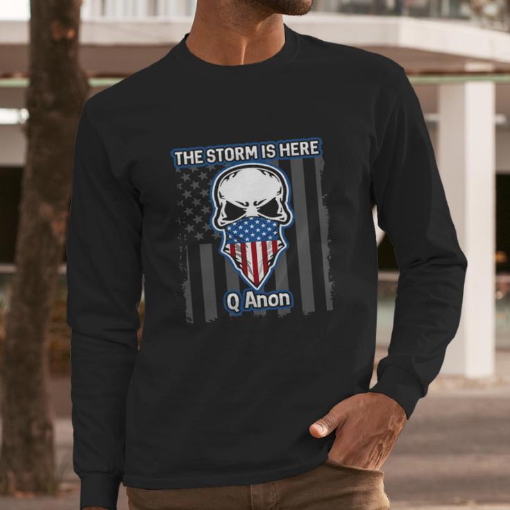 Q Anon Usa Flag Skull The Storm Is Here Men Long Sleeve Tshirt