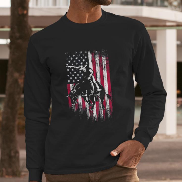 Rodeo Bull Rider Patriotic American Flag Cowboys Men Long Sleeve Tshirt