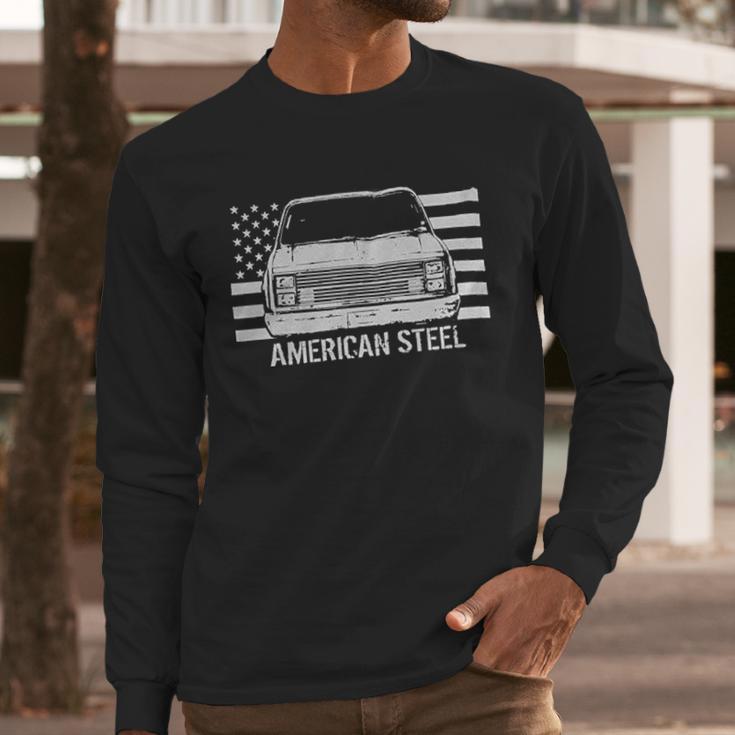 Square Body Chevy Gmc Truck And American Flag Men Long Sleeve Tshirt