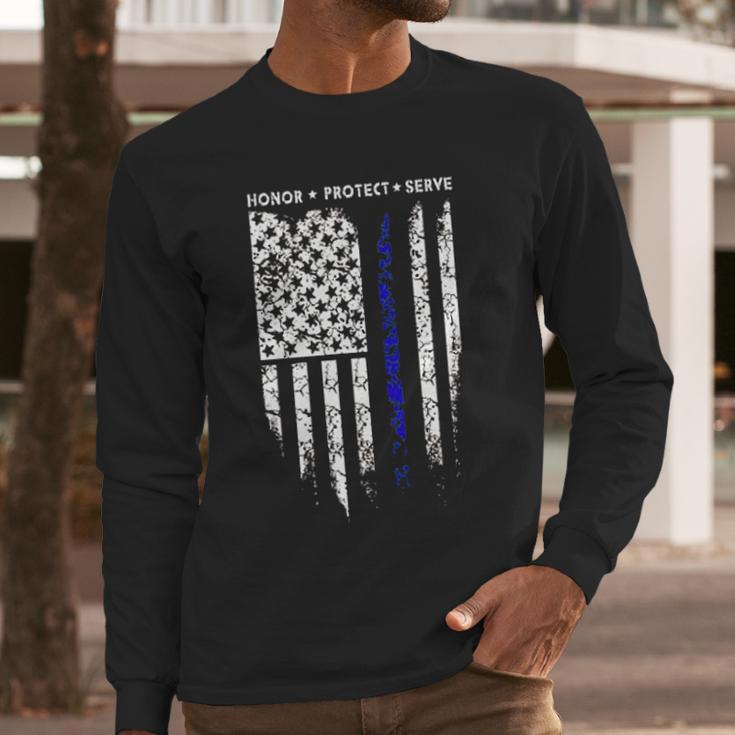 Sr Thin Blue Line Usa Protect Police Flag Army American Men Long Sleeve Tshirt