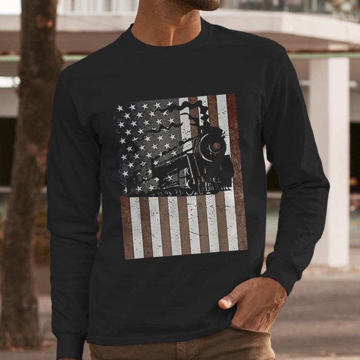 Train Locomotive Engine American Flag Model Builder Vintage Men Long Sleeve Tshirt