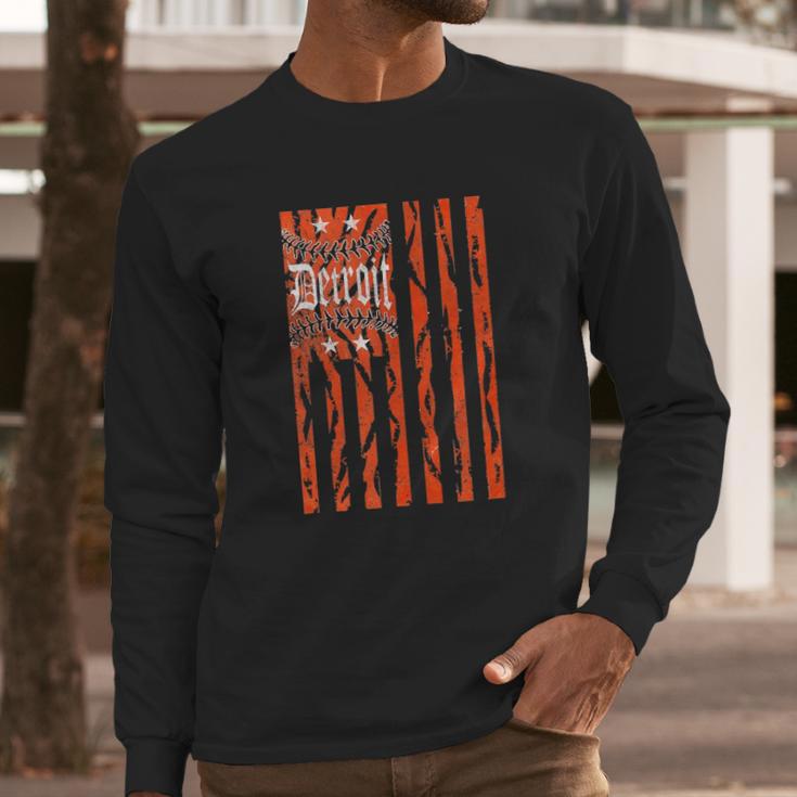 Vintage Detroit Baseball Flag With Tiger Stripes Men Long Sleeve Tshirt