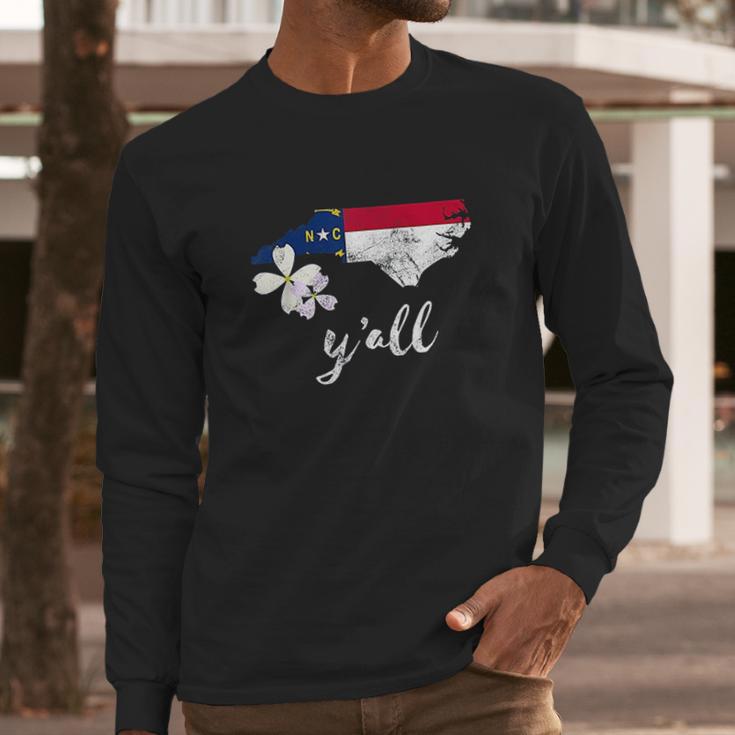 Vintage State Of North Carolina Yall Flag Dogwood Men Long Sleeve Tshirt