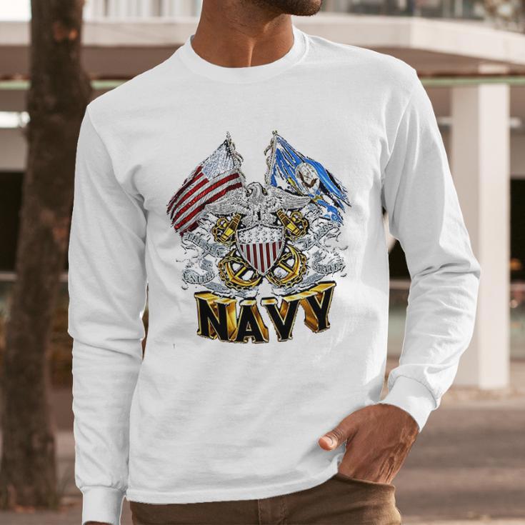 Double Flag Usn Navy Men Long Sleeve Tshirt