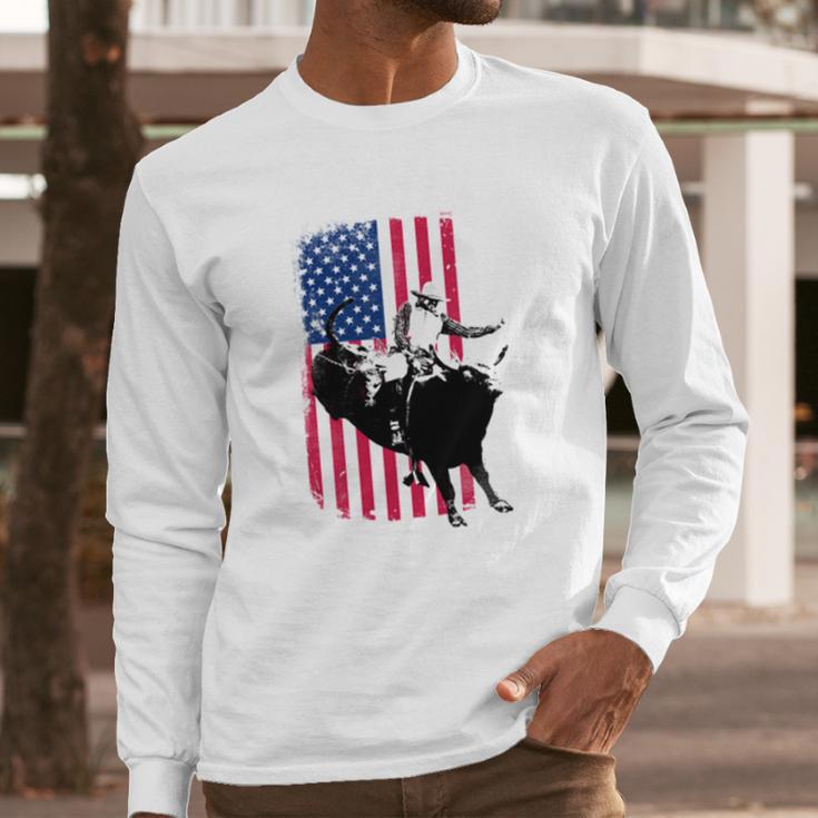 Rodeo Bull Rider Patriotic American Flag Men Long Sleeve Tshirt