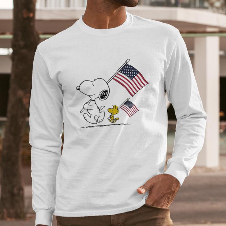 Snoopy And Woodstock Holding American Flag 4Th Of July Men Long Sleeve Tshirt