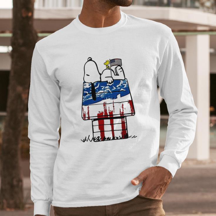 Snoopy Woodstock House American Flag 4Th Of July Independence Day Shirt Men Long Sleeve Tshirt