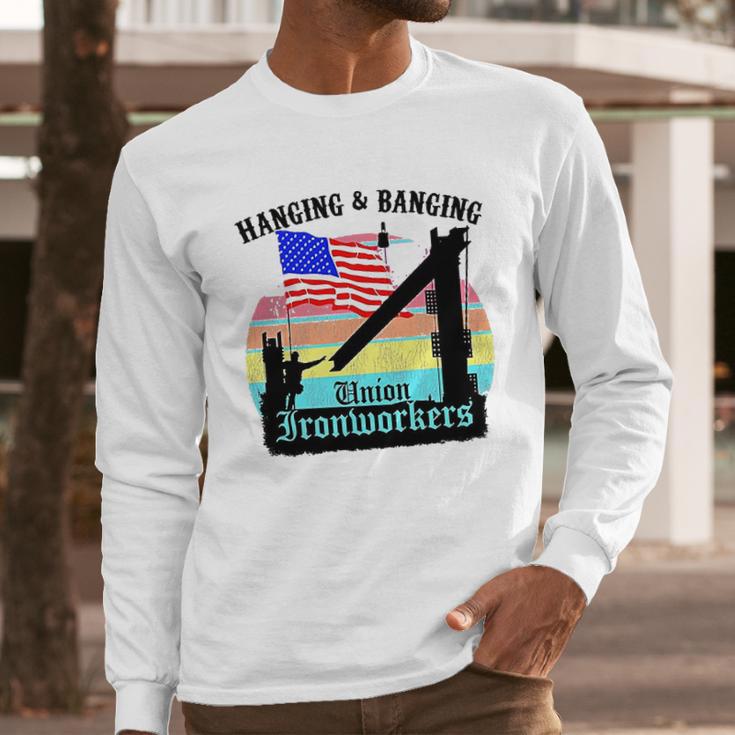 Union Ironworkers Hanging & Banging American Flag Men Long Sleeve Tshirt