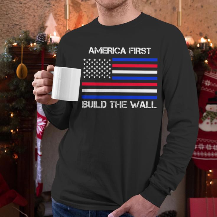 America First Build The Wall Flag Men Long Sleeve Tshirt