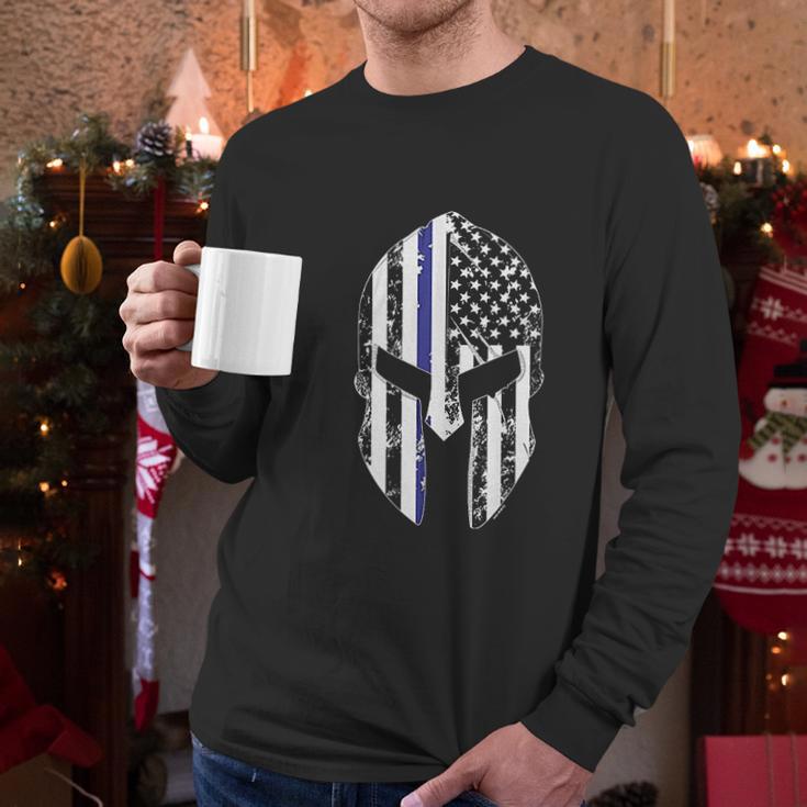 Blue Line American Flag Spartan Head Men Long Sleeve Tshirt