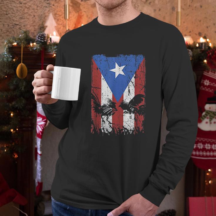 Cock Fight Gallos Gallero Fighting Rooster Puerto Rico Flag Men Long Sleeve Tshirt