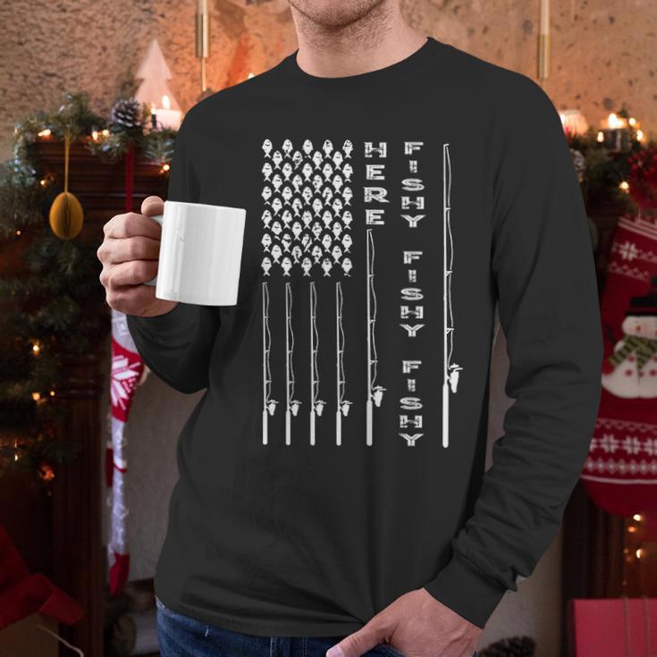 Here Fishy American Flag Men Long Sleeve Tshirt