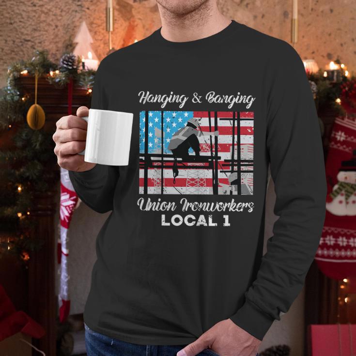 Hanging And Banging Union Ironworkers Us Flag Labor Day Gift Graphic Design Printed Casual Daily Basic Men Long Sleeve Tshirt