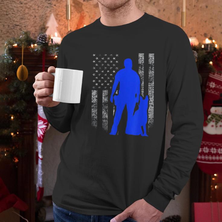 Male K9 Officer Blue Line Flag Men Long Sleeve Tshirt