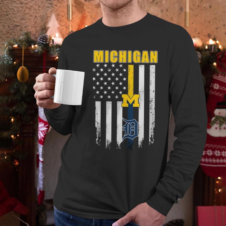 Official Michigan Michigan Wolverines Detroit Tigers American Flag Shirt Men Long Sleeve Tshirt