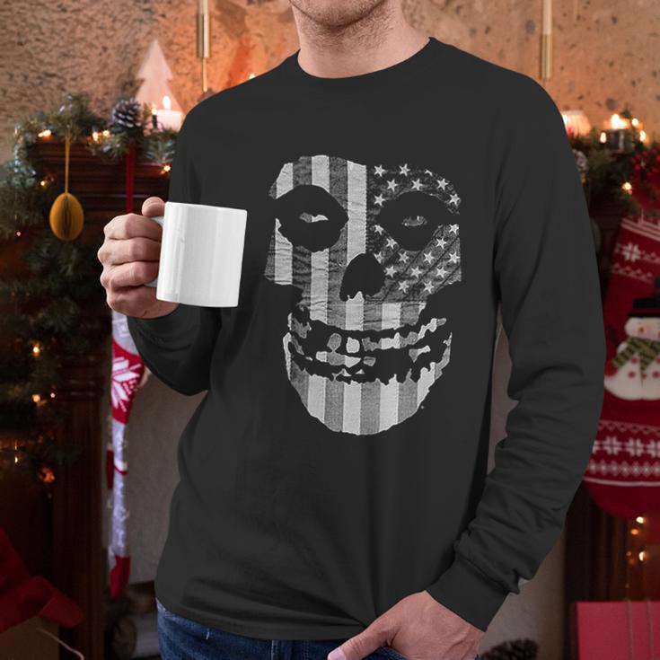 Popfunk Misfits Officially Licensed Gray American Flag Skull Men Long Sleeve Tshirt