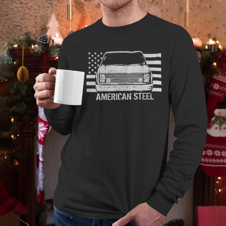 Square Body Chevy Gmc Truck And American Flag Men Long Sleeve Tshirt