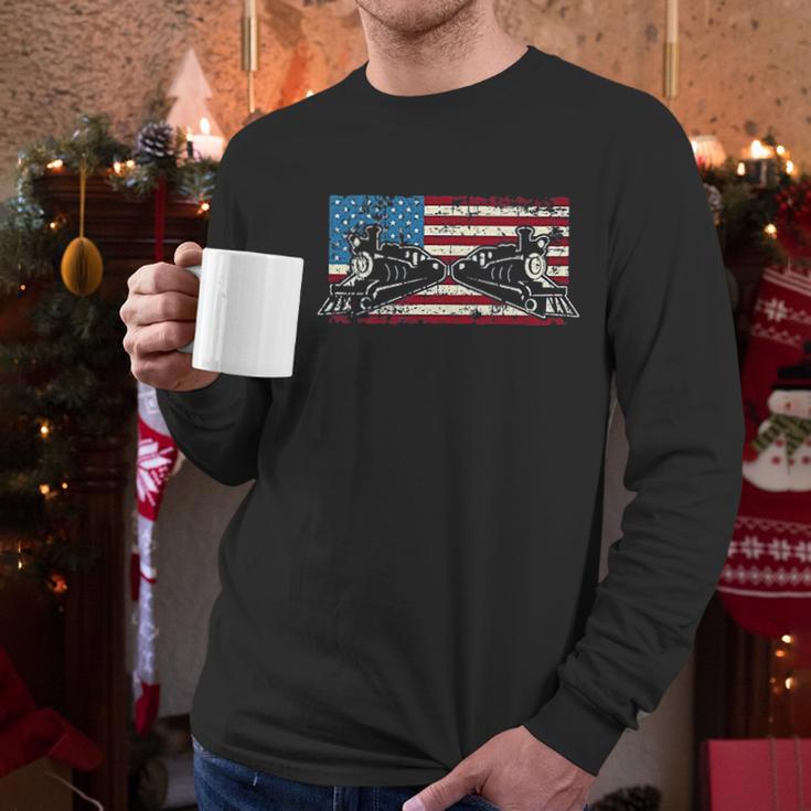 Steam Locomotive Train American Flag Men Long Sleeve Tshirt