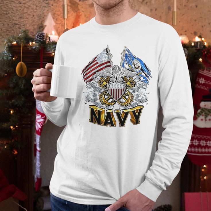 Double Flag Usn Navy Men Long Sleeve Tshirt