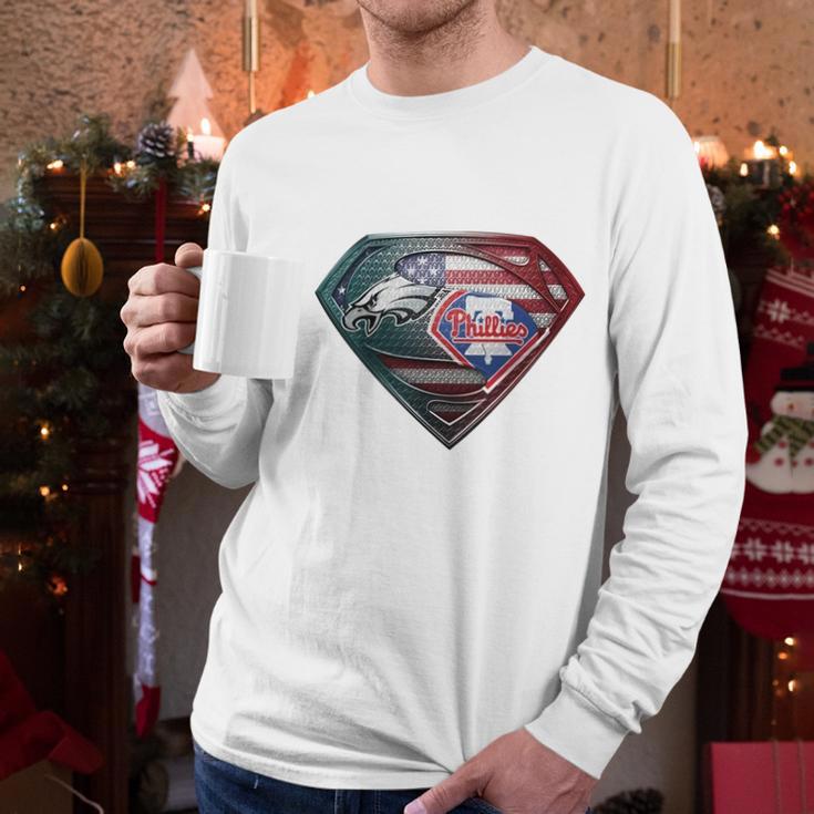 Official Philadelphia Eagles And Philadelphia Phillies Superman American Flag Layer Simpson Shirt Men Long Sleeve Tshirt