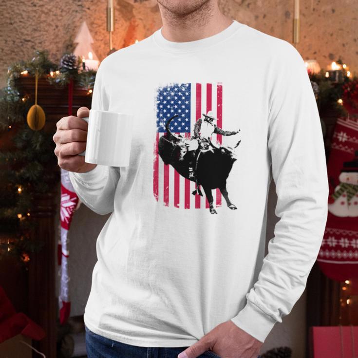 Rodeo Bull Rider Patriotic American Flag Men Long Sleeve Tshirt