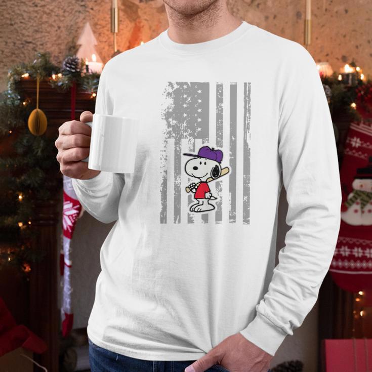 Snoopy Playing Baseball Snoopy Usa Flag T-Shirt Men Long Sleeve Tshirt