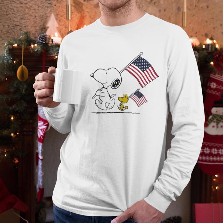 Snoopy And Woodstock Holding American Flag 4Th Of July Men Long Sleeve Tshirt